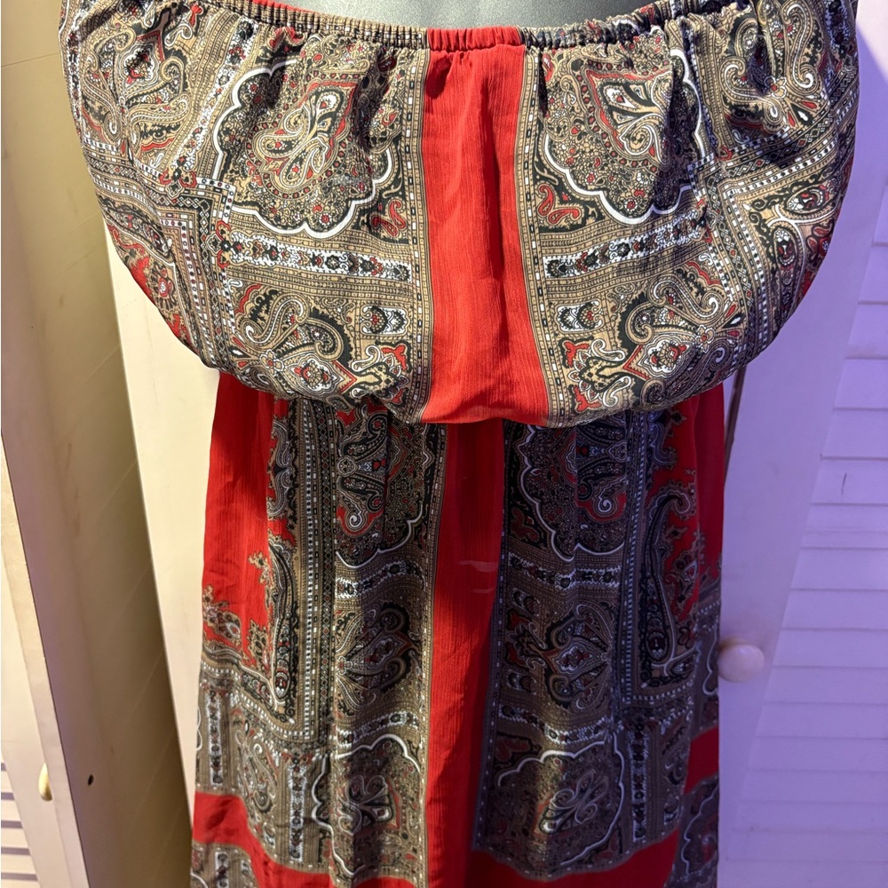 Red and Gray Off-the-Shoulder Sleeveless Maxi Sundress